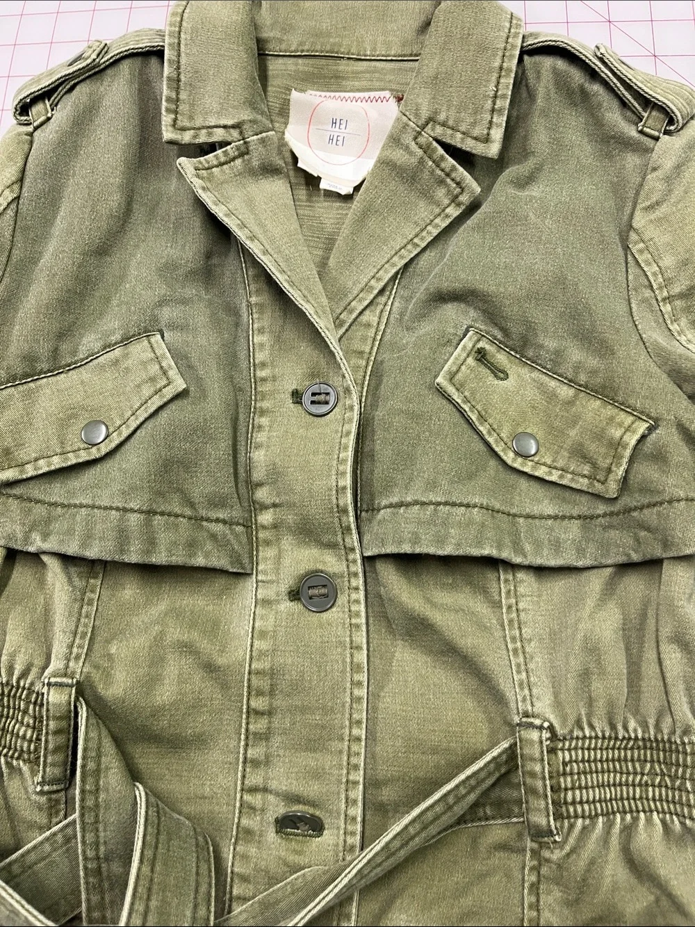 ANTHROPOLOGIE HEI HEI Modern Arty Ruffle Peplum Olive Utility Tie-Waist Jacket S